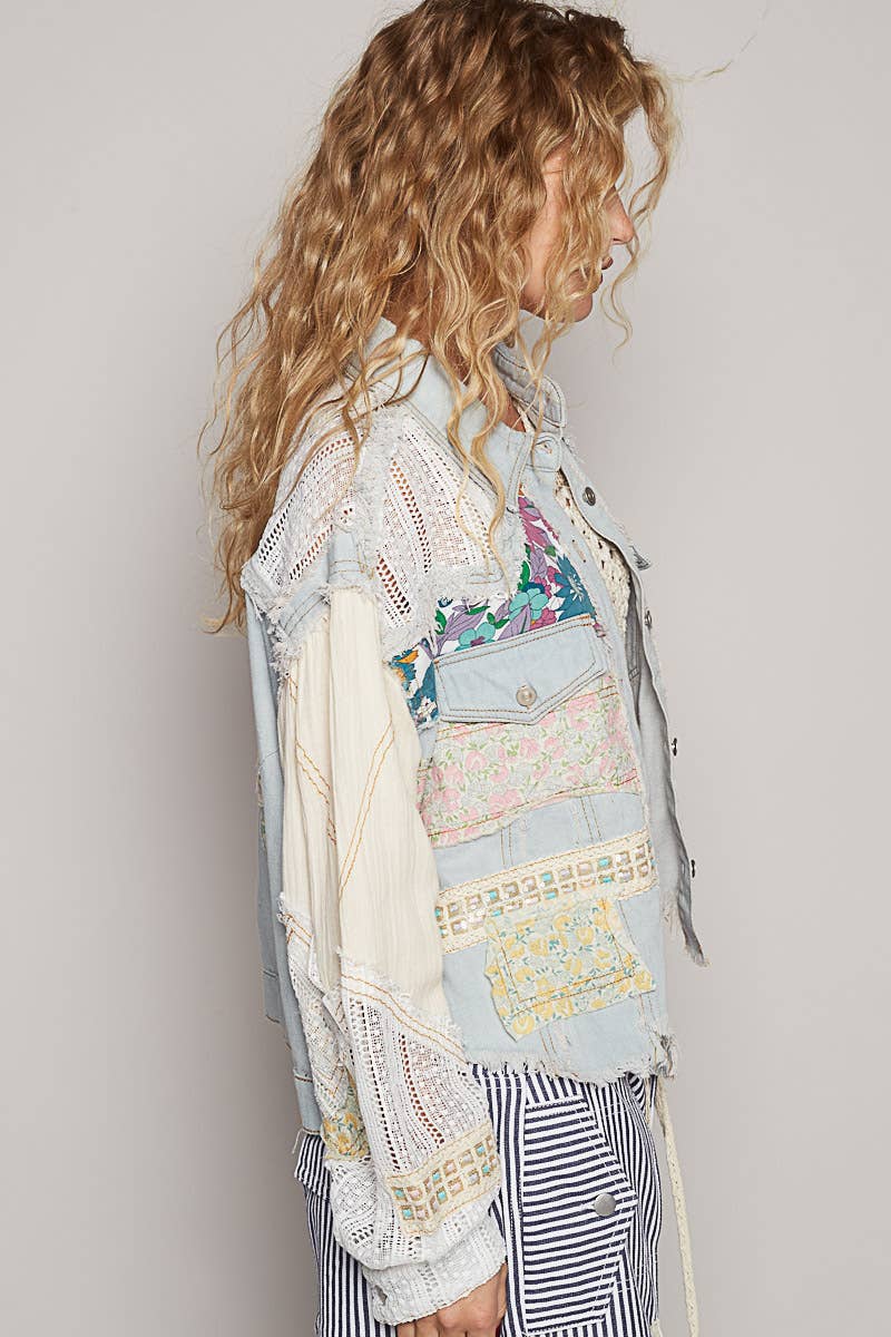 Oversize long sleeve crochet patchworks denim jacket