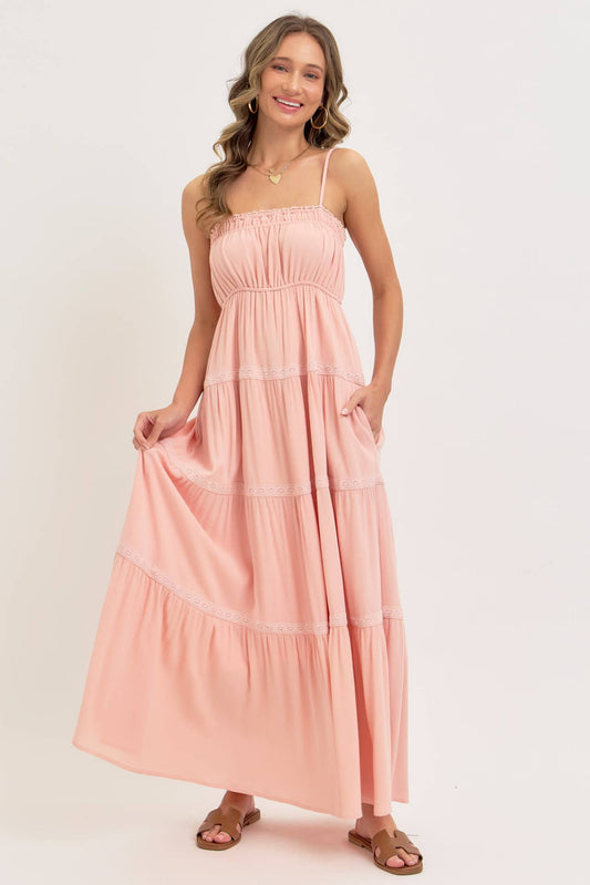 SMOCKED BRODICE TIERED MAXI DRESS: BLUSH / Contemporary