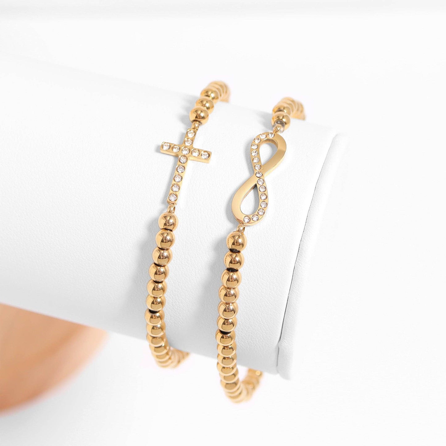 18K Gold PVD CZ Cross Beaded Stretch Bracelet: