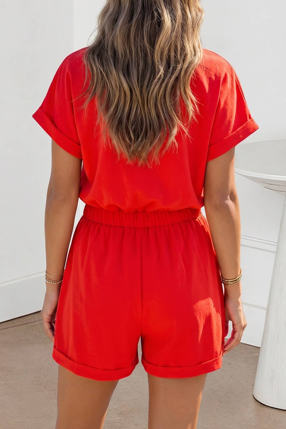 Solid Half Zip Polo Tee Elastic Waist Romper