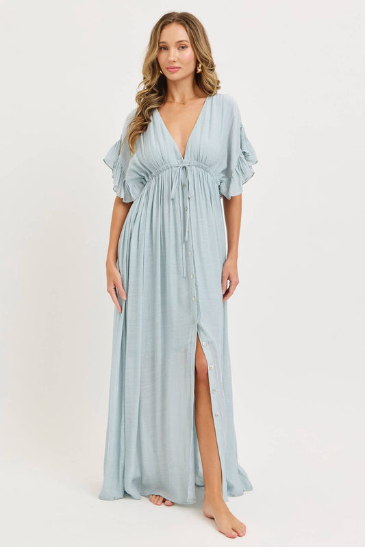 ROMANTIC V-NECKLINE ADJUSTABLE EMPIR RUFFLE FLOWY MAXI DRESS
