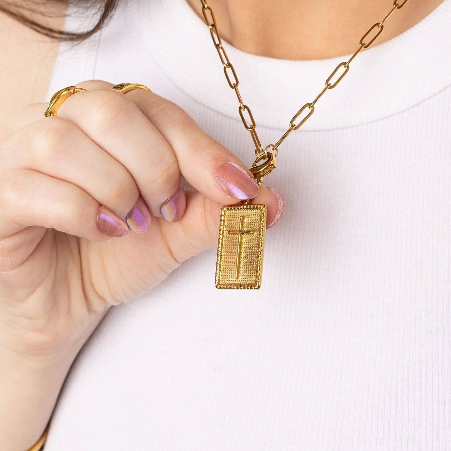18K Gold PVD Stainless Steel Square Pendant with Cross