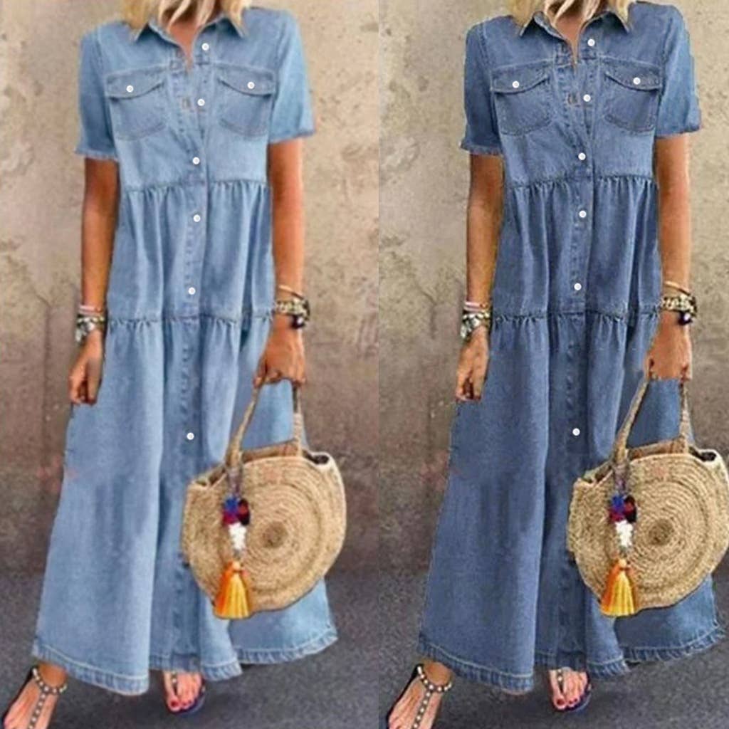 Women's Long Denim Dress with Button Front