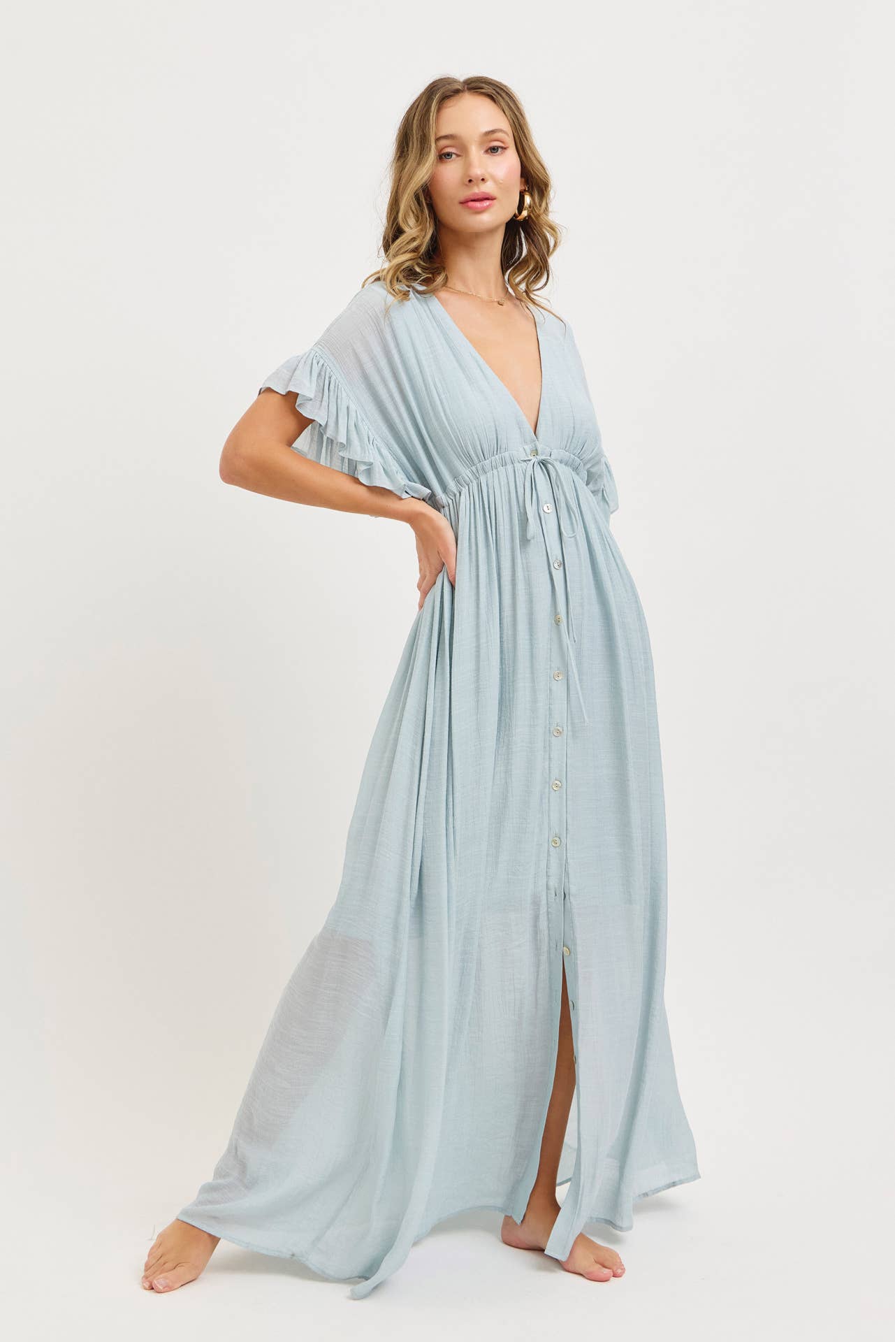 ROMANTIC V-NECKLINE ADJUSTABLE EMPIR RUFFLE FLOWY MAXI DRESS