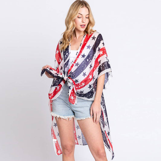 American USA Flag Star Print Kimono Poncho