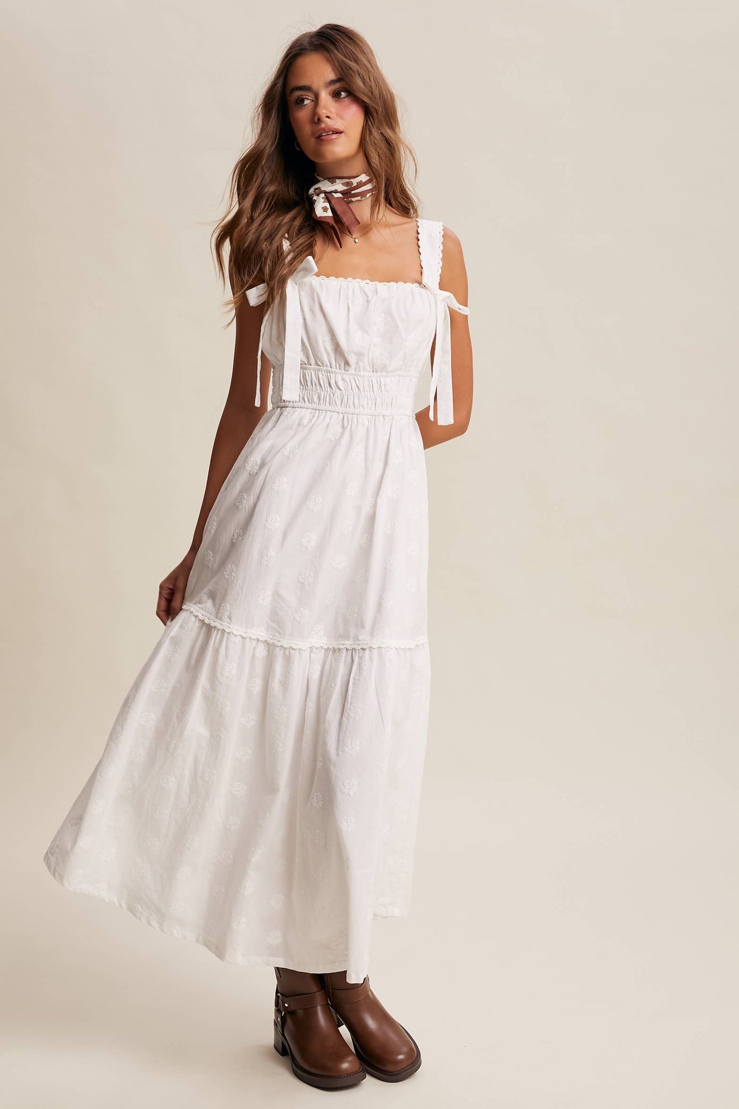 Embroidered Tie-Strap Tiered Maxi Dress