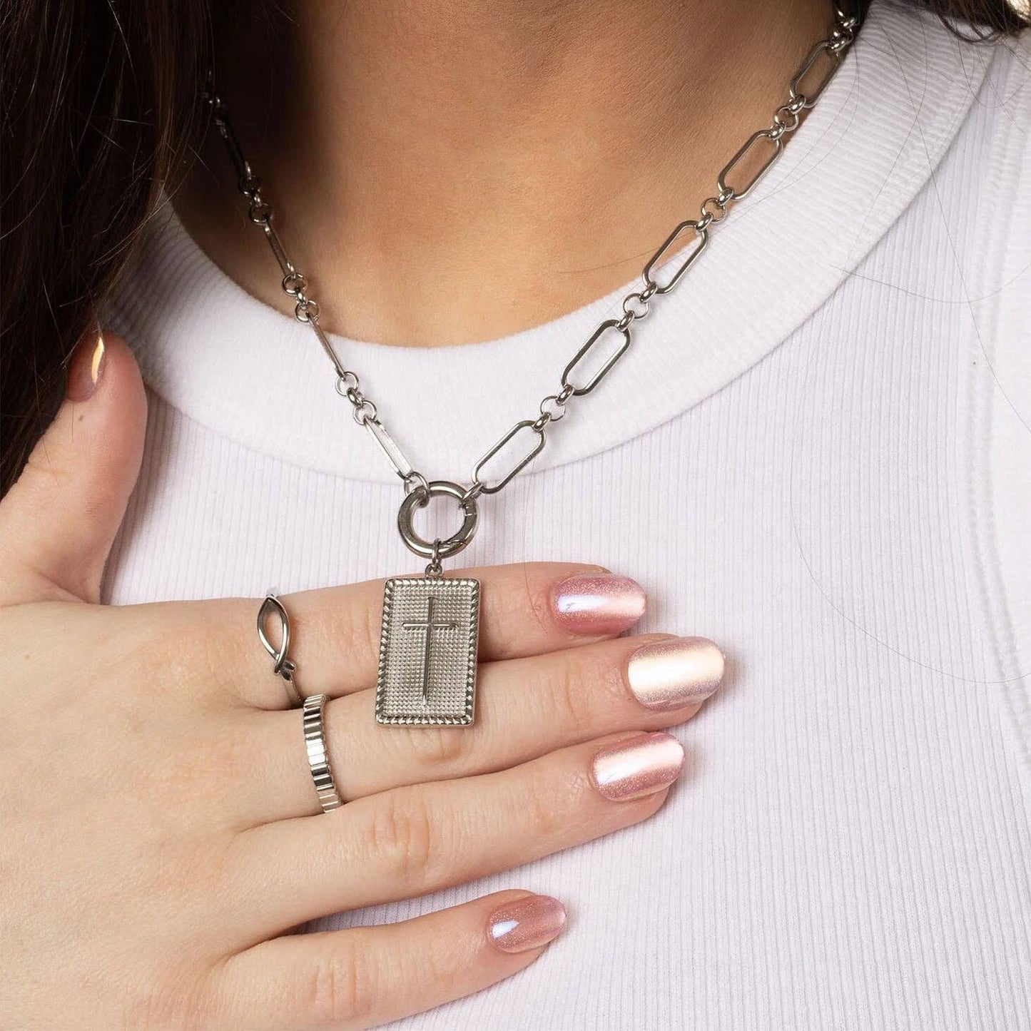 18K Gold PVD Stainless Steel Square Pendant with Cross