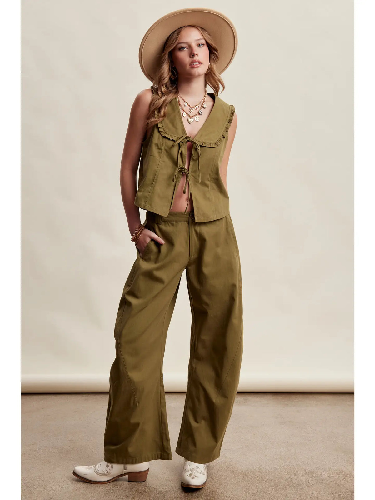 Ruffle Collar Tie-Front Twill Pants Set