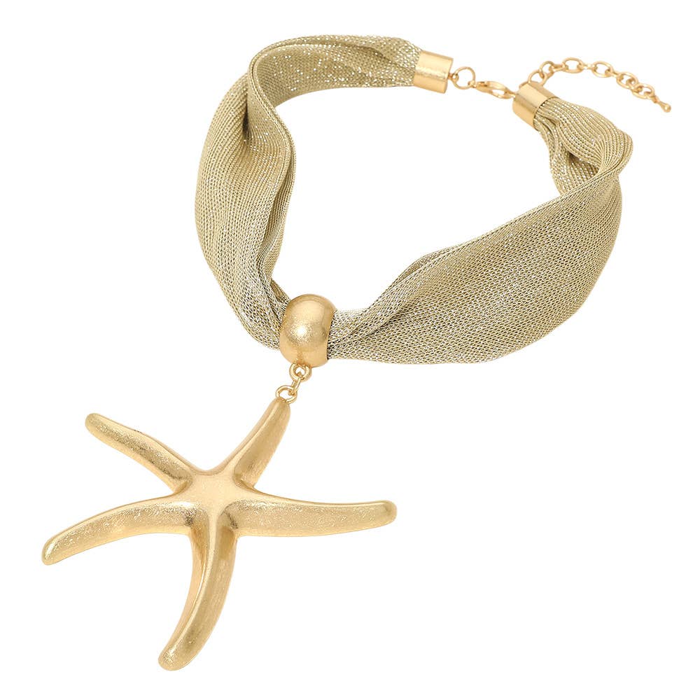 Bold Brushed Metal Starfish Pendant Mesh Statement Necklace: Gold