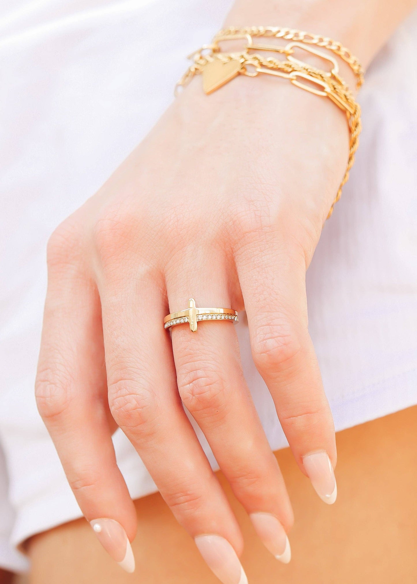 18K Gold PVD Engraved Bible Verse CZ Cross Ring