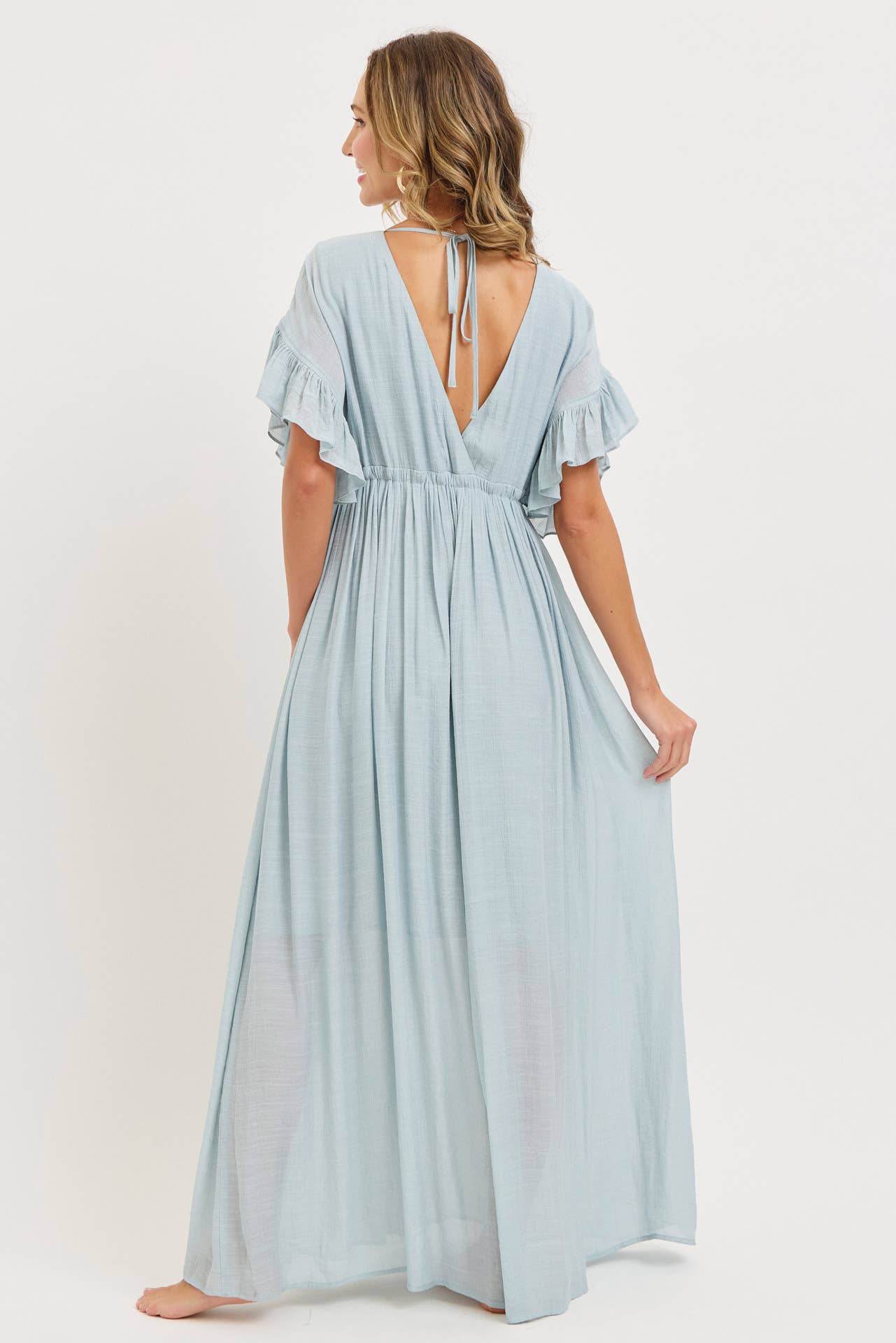 ROMANTIC V-NECKLINE ADJUSTABLE EMPIR RUFFLE FLOWY MAXI DRESS