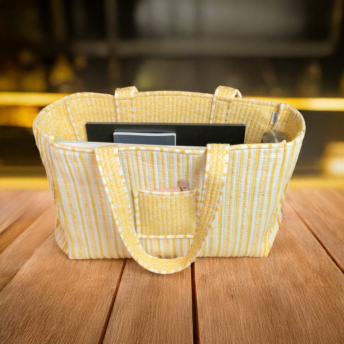 Grace & truth Womens Tote Bag Sunburst Lattice: Gold/White
