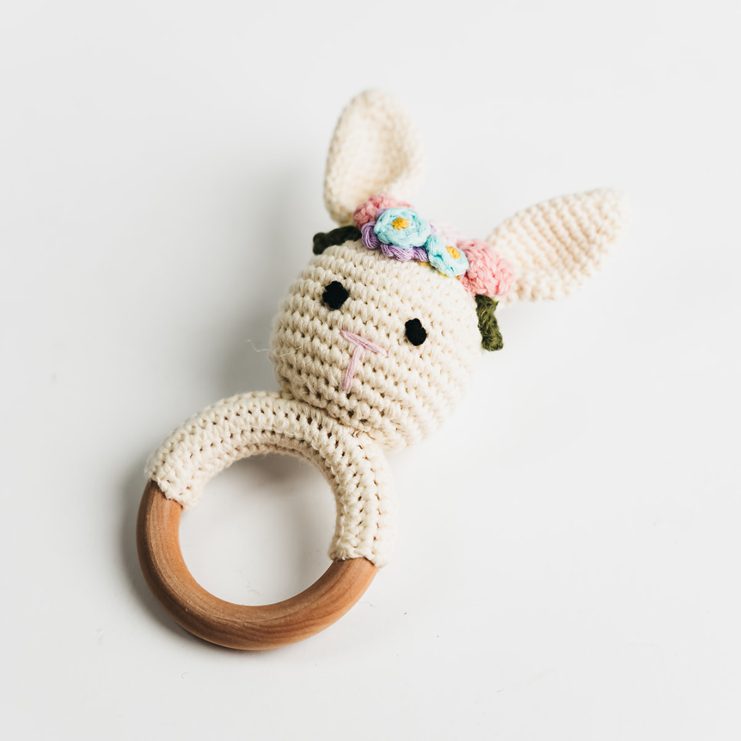 Cream Bunny Rattle with Floral Crown - Handmade Baby Gifts