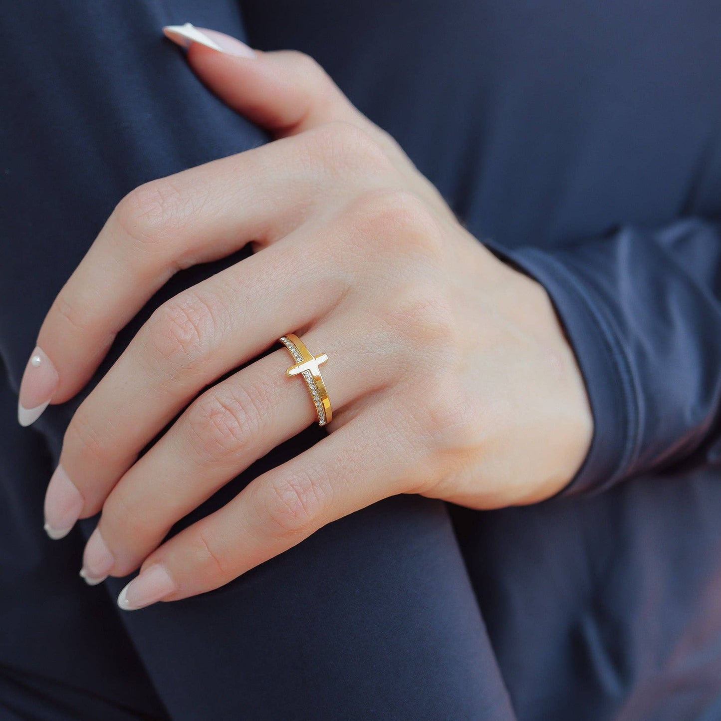 18K Gold PVD Engraved Bible Verse CZ Cross Ring