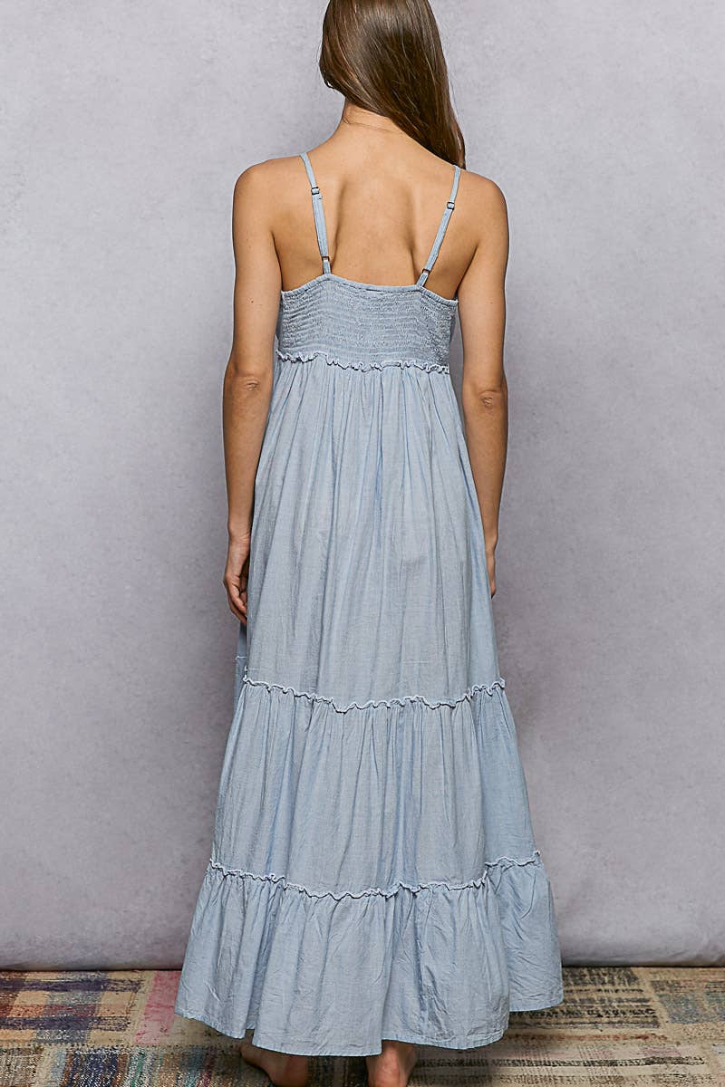 Back Smocking Embroidery Sequin Ruffle Detail Long Dress