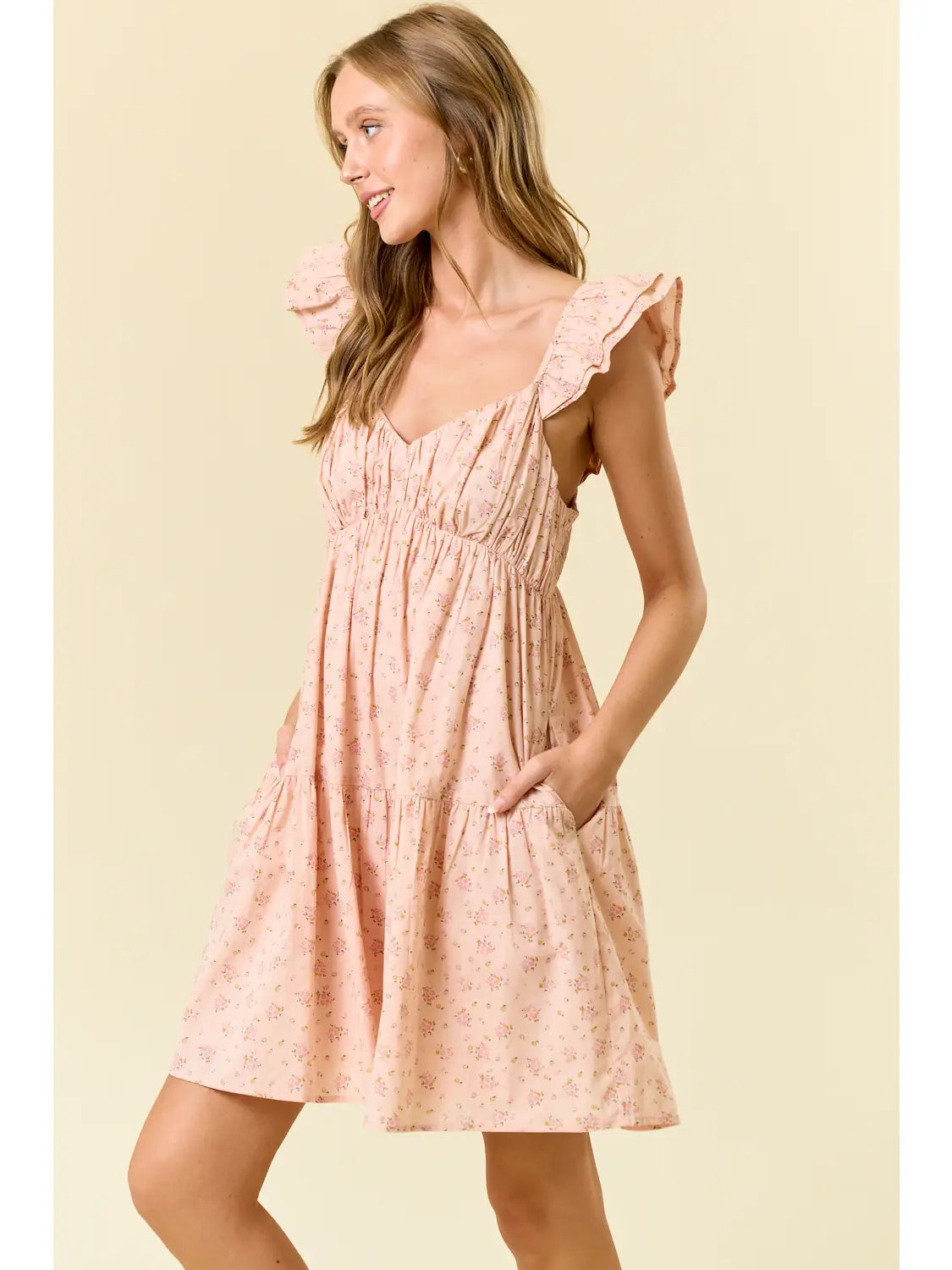Cotton Floral Tiered Mini Dress W/ Side Pockets