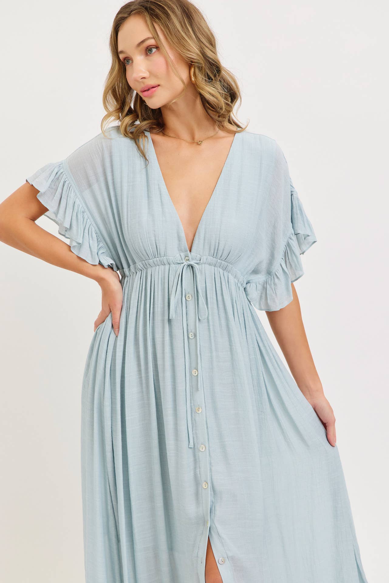 ROMANTIC V-NECKLINE ADJUSTABLE EMPIR RUFFLE FLOWY MAXI DRESS