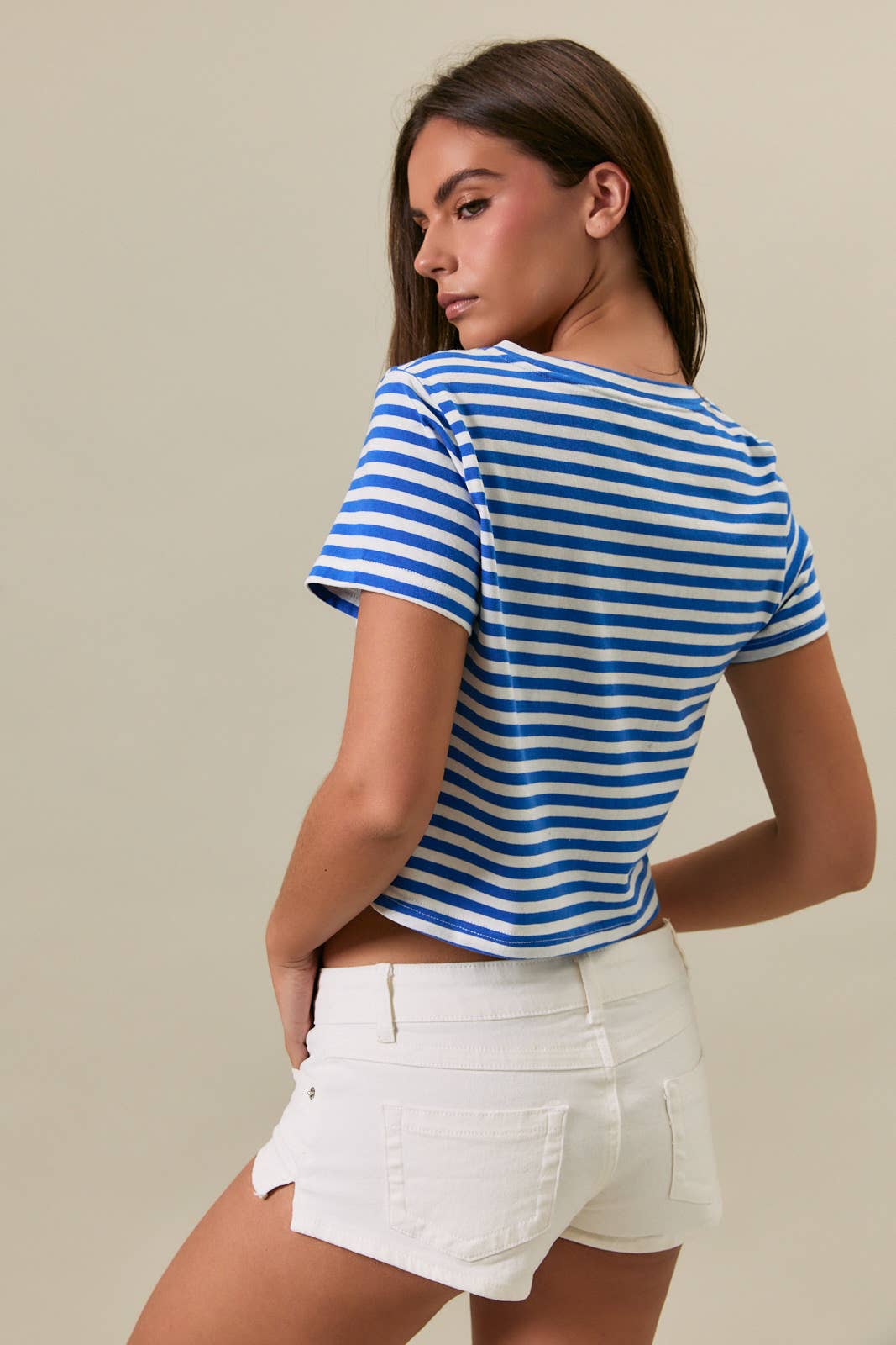 SHORT SLEEVE ROUND NECK STRIPE CROP T-SHIRT