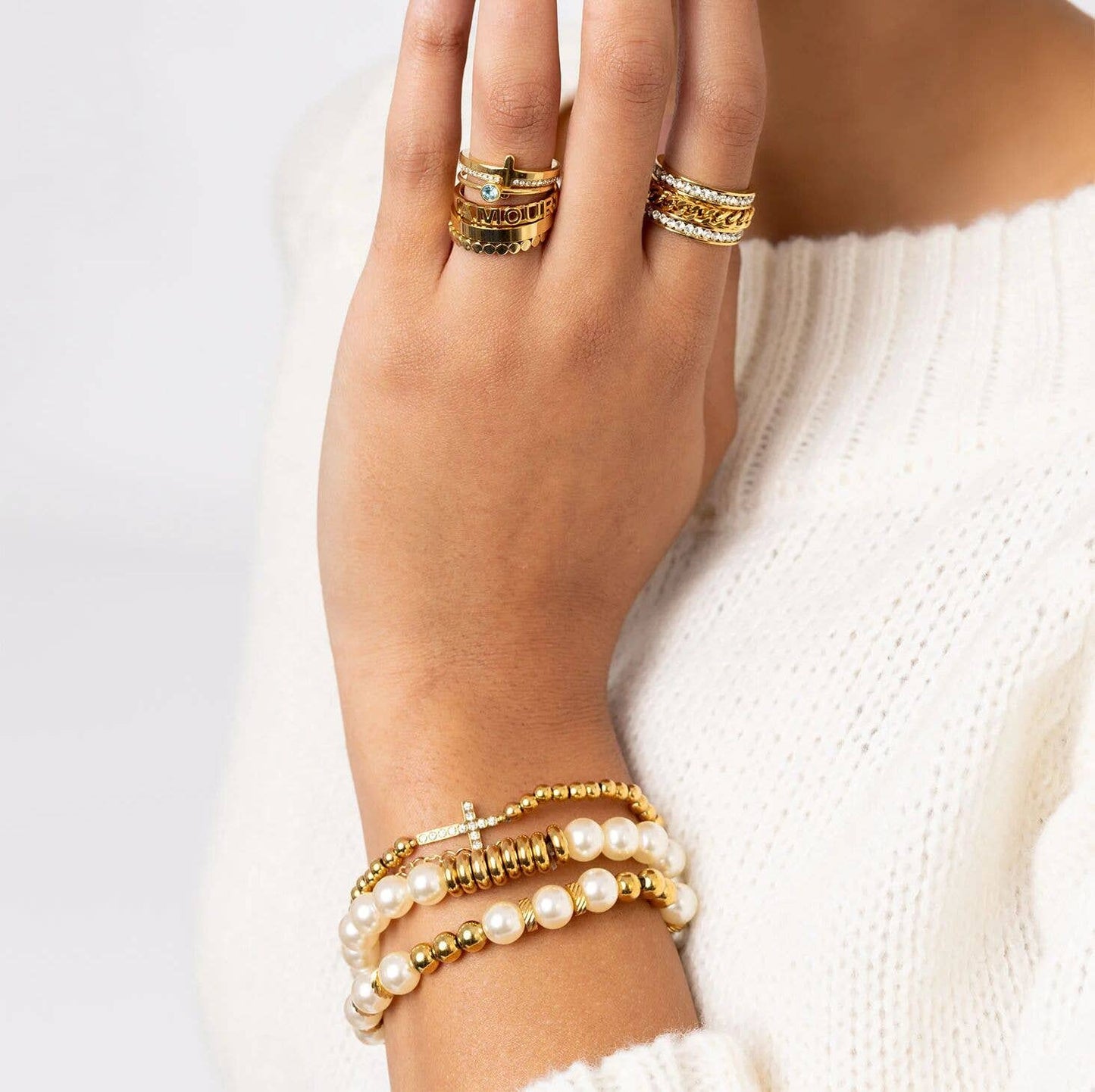 18K Gold PVD CZ Cross Beaded Stretch Bracelet: