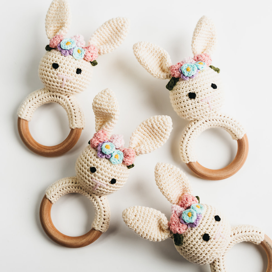 Cream Bunny Rattle with Floral Crown - Handmade Baby Gifts