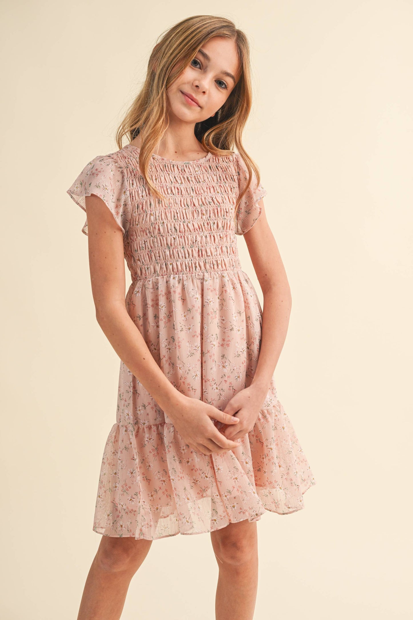 TWEEN KIDS GIRLS SMOCKED FLOUNCE DRESS