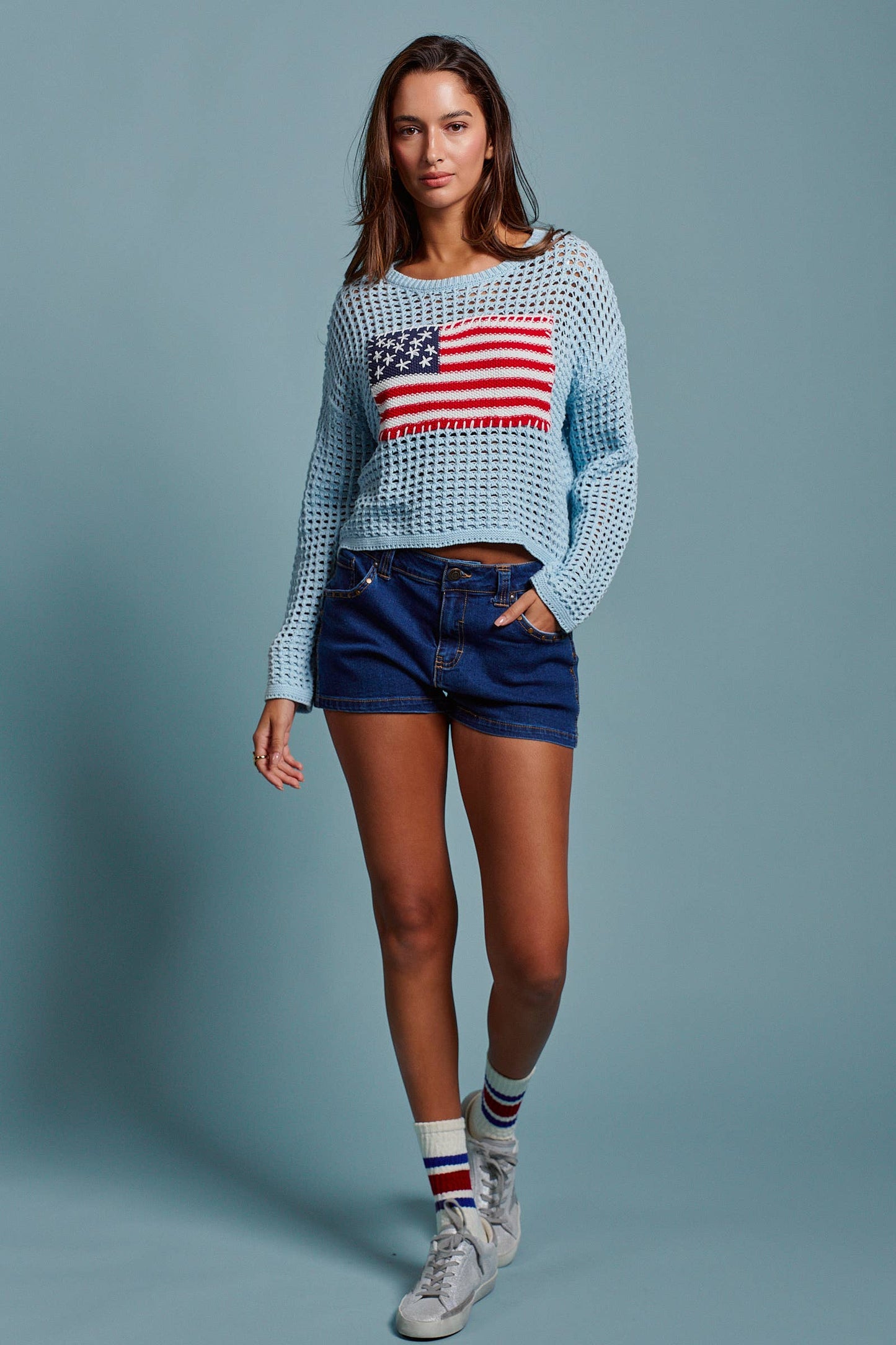 American Flag Patch Open Knit Cotton Sweater