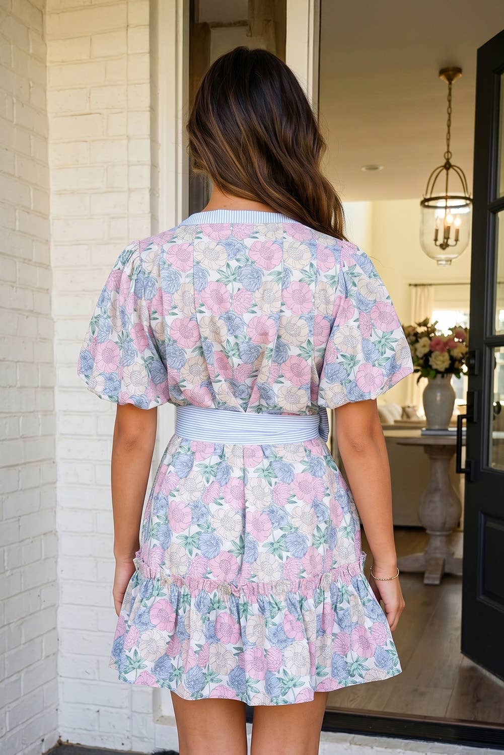 Floral Striped Belted Bubble Sleeve MIni Dress