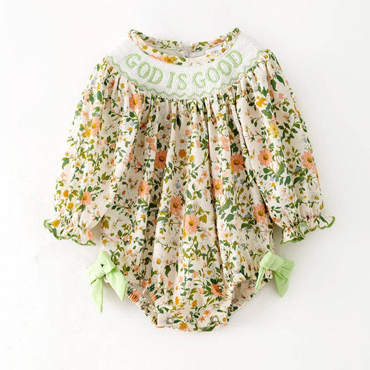 Baby Girls "GOD IS GOOD" Smocked Embroidery Floral Romper