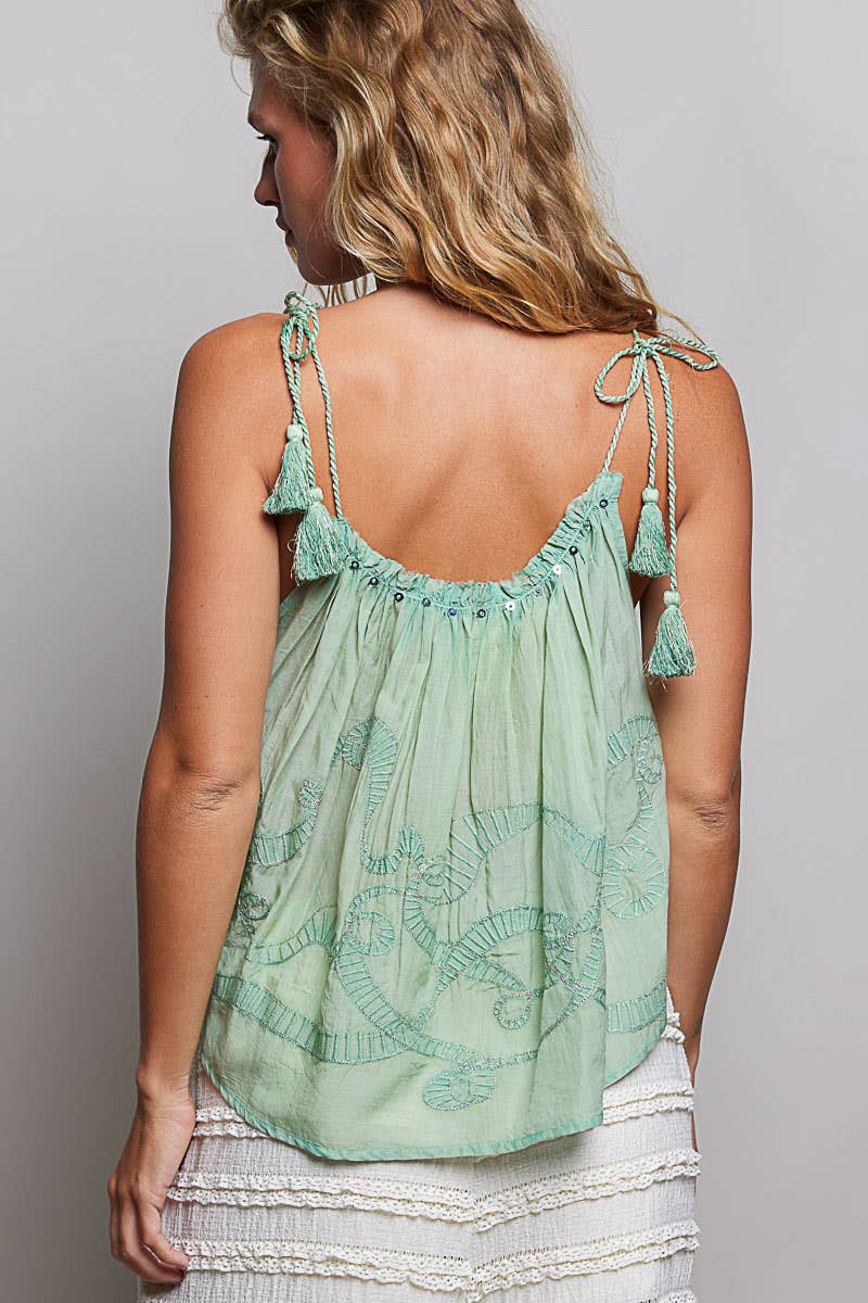 Embroidered Shirred Spangle Tassel Tie Sleeveless Top