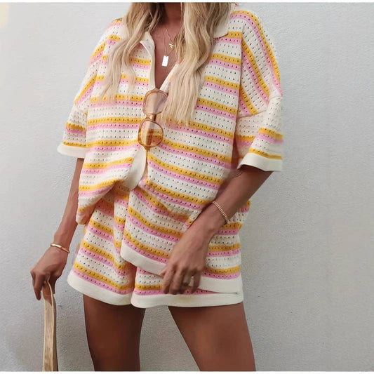 Color blocked Lapel Stripe Short Sleeve Shorts Set