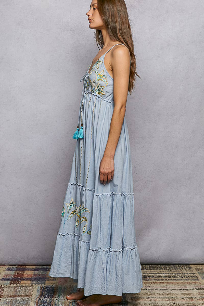 Back Smocking Embroidery Sequin Ruffle Detail Long Dress