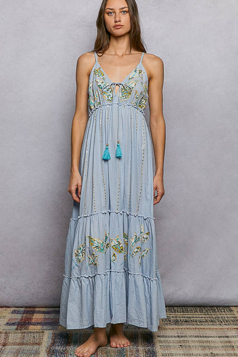 Back Smocking Embroidery Sequin Ruffle Detail Long Dress