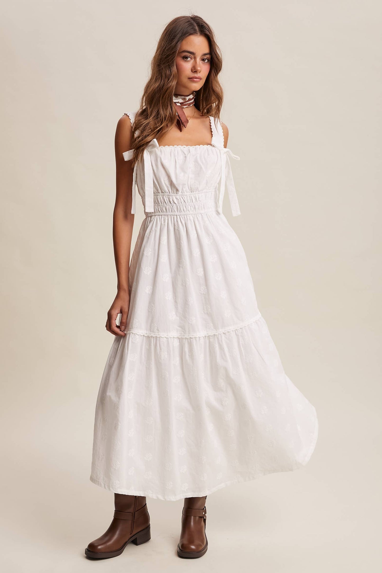 Embroidered Tie-Strap Tiered Maxi Dress