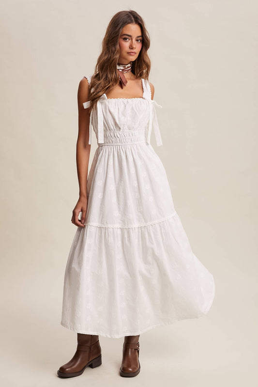 Embroidered Tie-Strap Tiered Maxi Dress