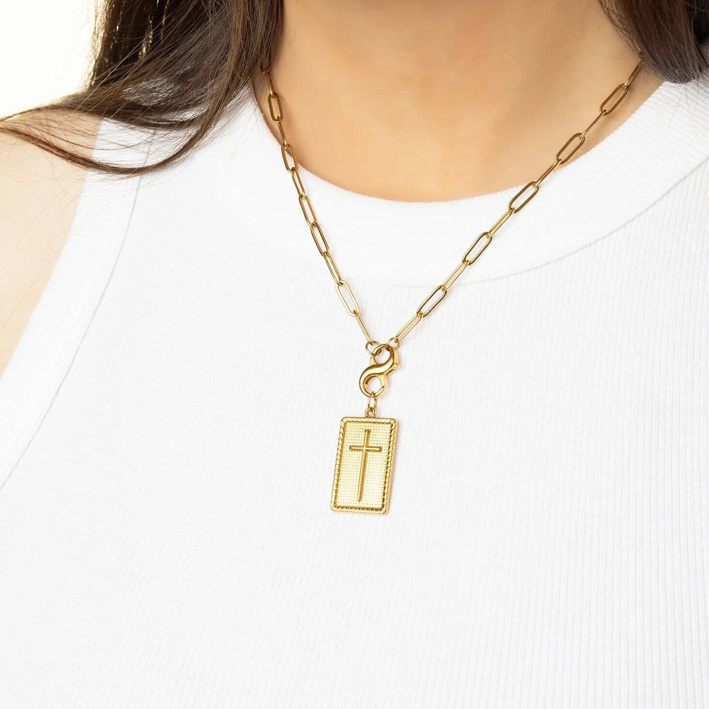 18K Gold PVD Stainless Steel Square Pendant with Cross
