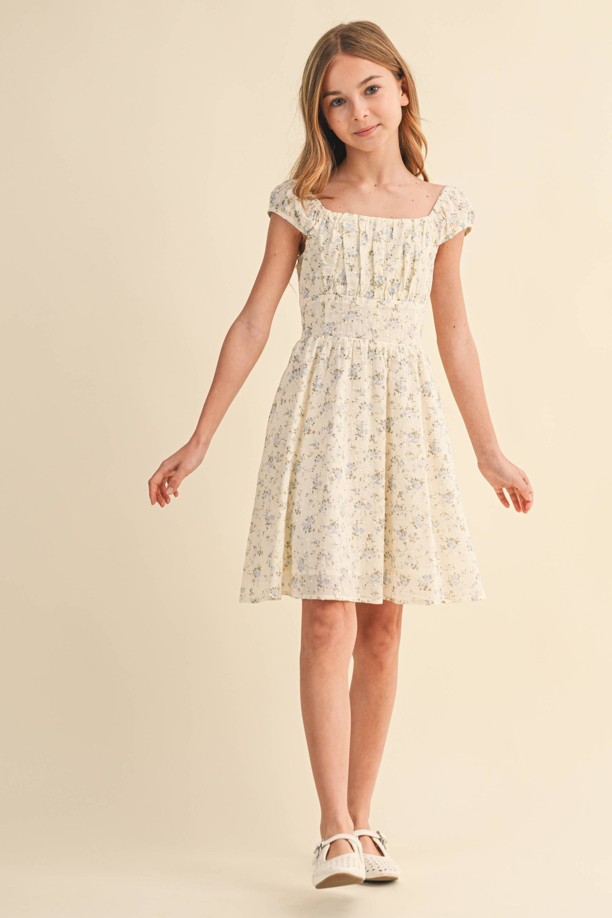 TWEEN GIRLS KIDS RUCHED SHOULDER MINI DRESS – Salt & Light Collective