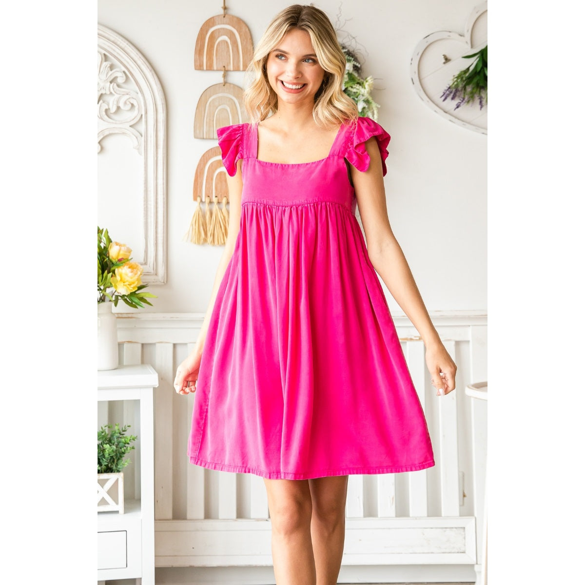 Ruffle Strap Back Buttons Mini Dress
