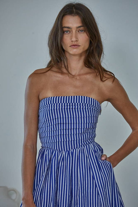 Striped Tube Neck Strapless Flare Maxi Dress: Denim Blue