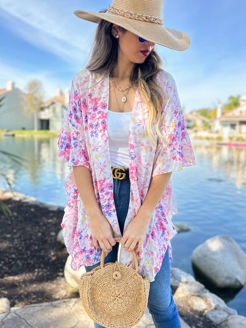 Floral Chiffon Ruffle Kimono – Lightweight Summer Layer: One Size