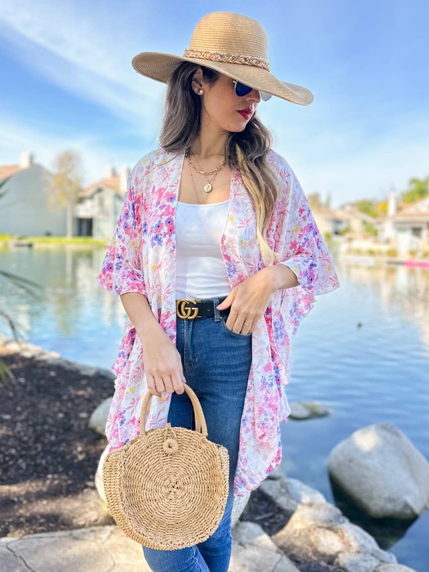 Floral Chiffon Ruffle Kimono – Lightweight Summer Layer: One Size