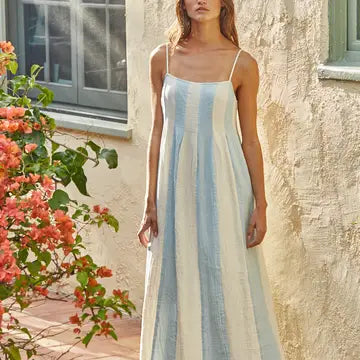 Cotton Gauze Striped Cami Pintuck Midi Dress | Cream Light Blue