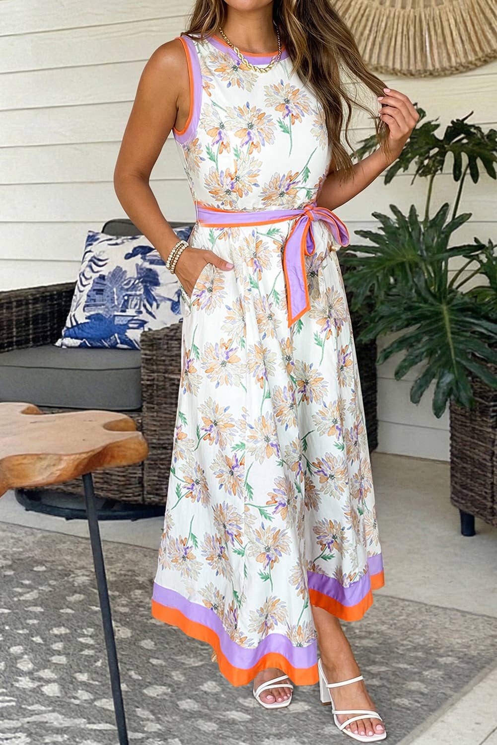 Floral Print Color Block Trim Belted Sleeveless Maxi Dress