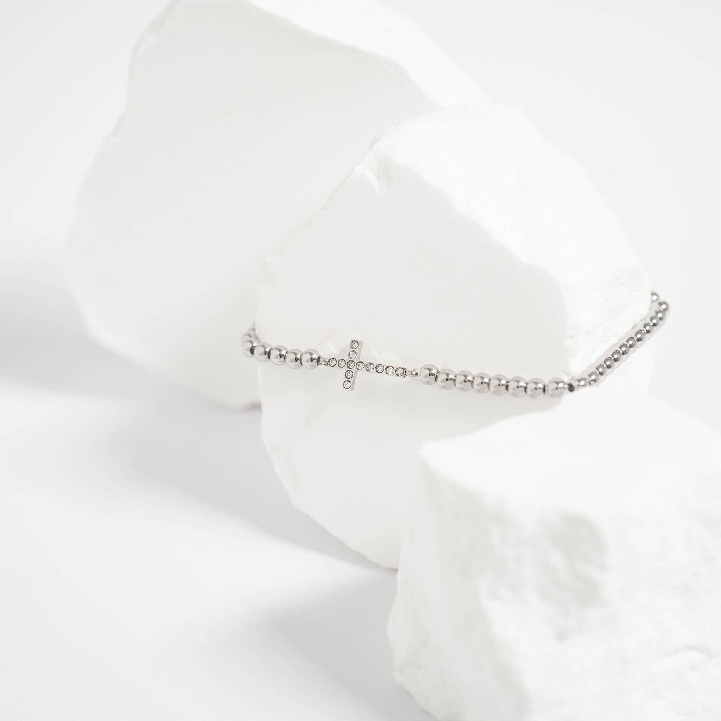 18K Gold PVD CZ Cross Beaded Stretch Bracelet: