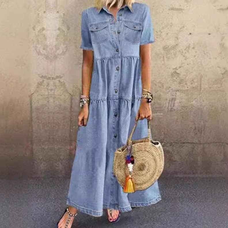Women's Long Denim Dress with Button Front