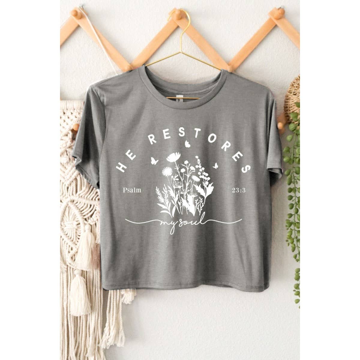 HE RESTORES GRAPHIC CROP TOP: Grey