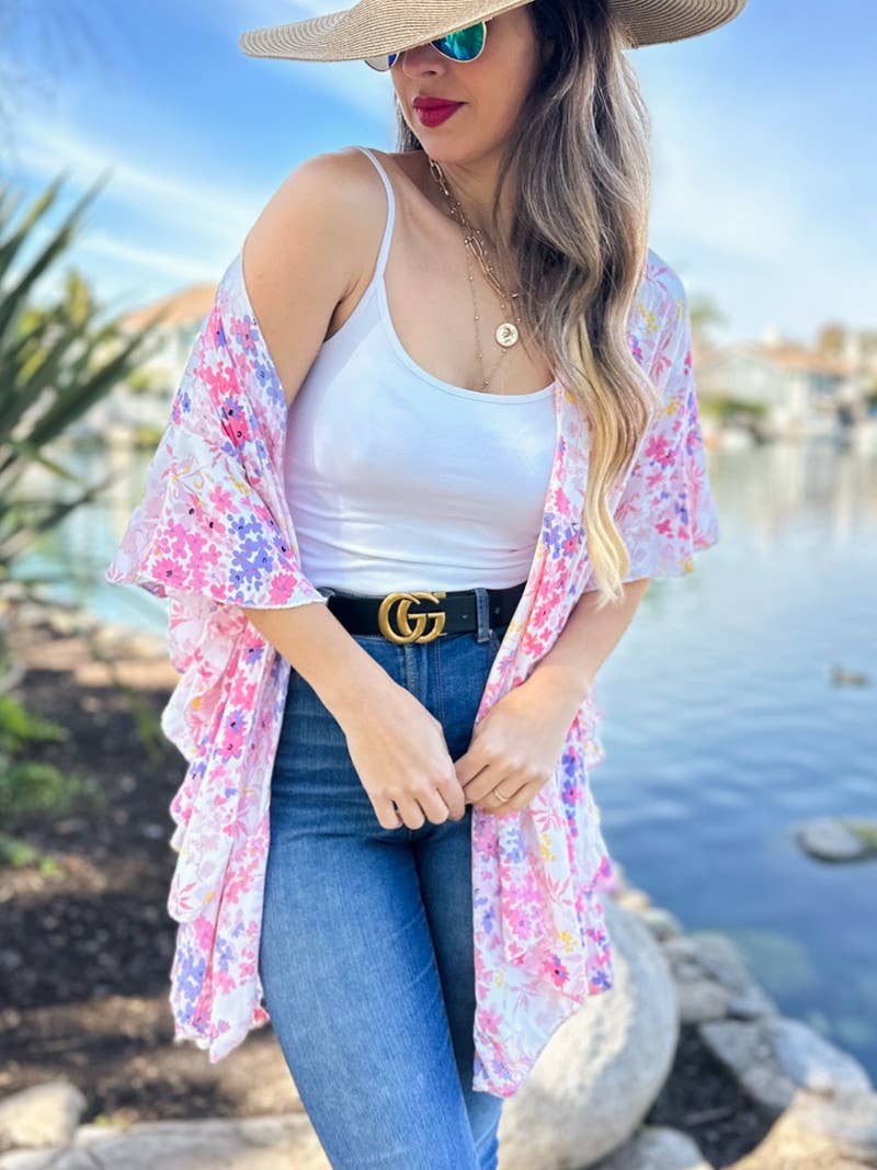 Floral Chiffon Ruffle Kimono – Lightweight Summer Layer: One Size