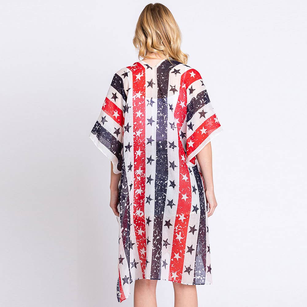 American USA Flag Star Print Kimono Poncho
