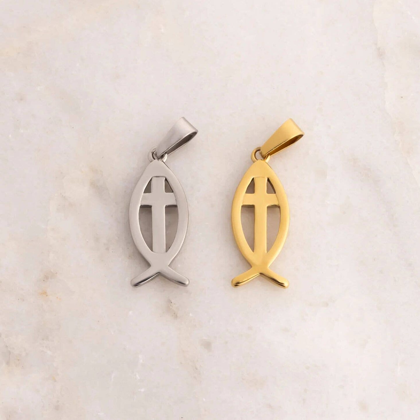 18K Gold PVD Stainless Steel Fish Charm with Cross Center