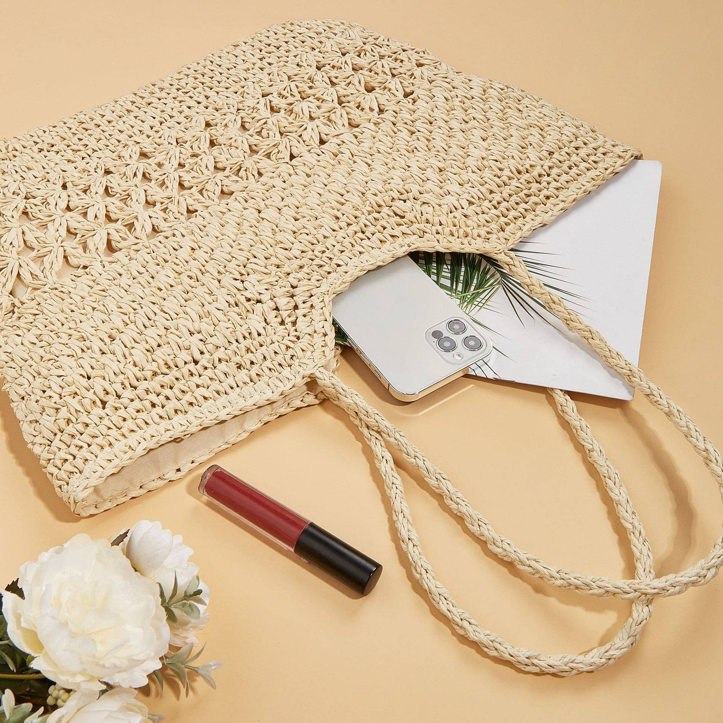 Hollow Woven Straw Shopping Beach Bag: Beige