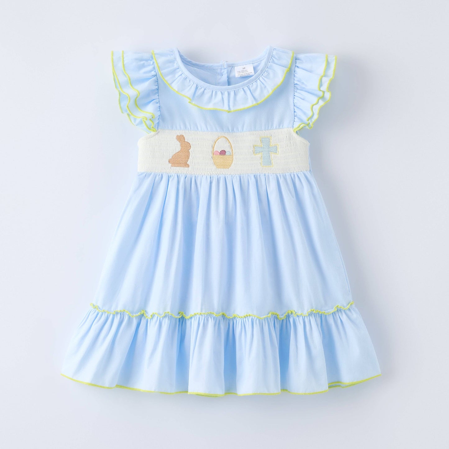 Girls Easter Bunny Eggs Cross Embroidery Smocked Blue Dress